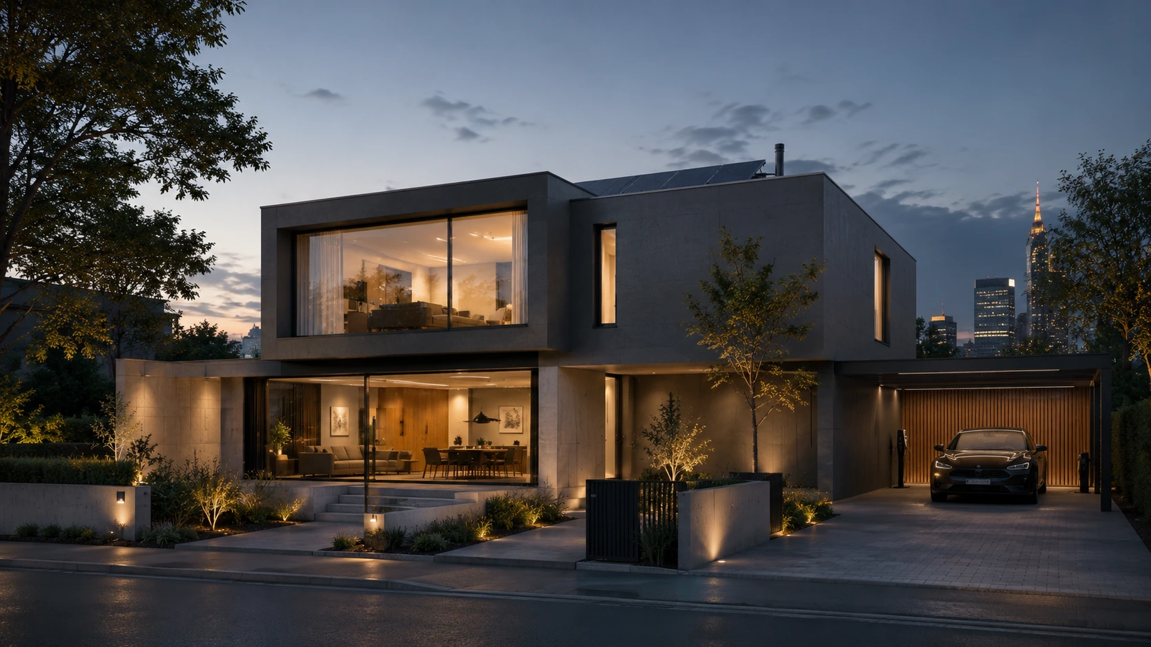 Fiktives Konzeptprojekt Haus F37 mit modernem Wohnhaus bei Dämmerung, warmer Innenbeleuchtung und Carport mit Ladepunkt